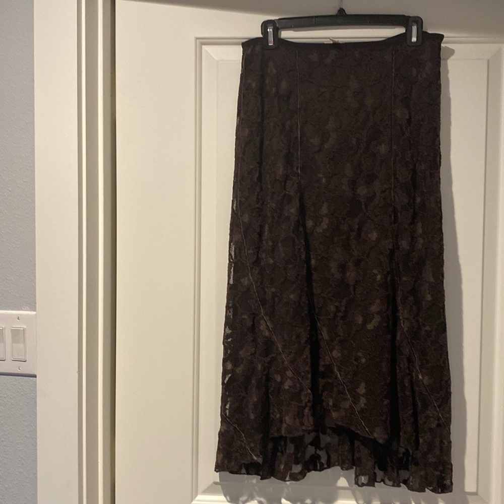 Brown Midi A-Line High Low Lace Skirt - Picture 2 of 5